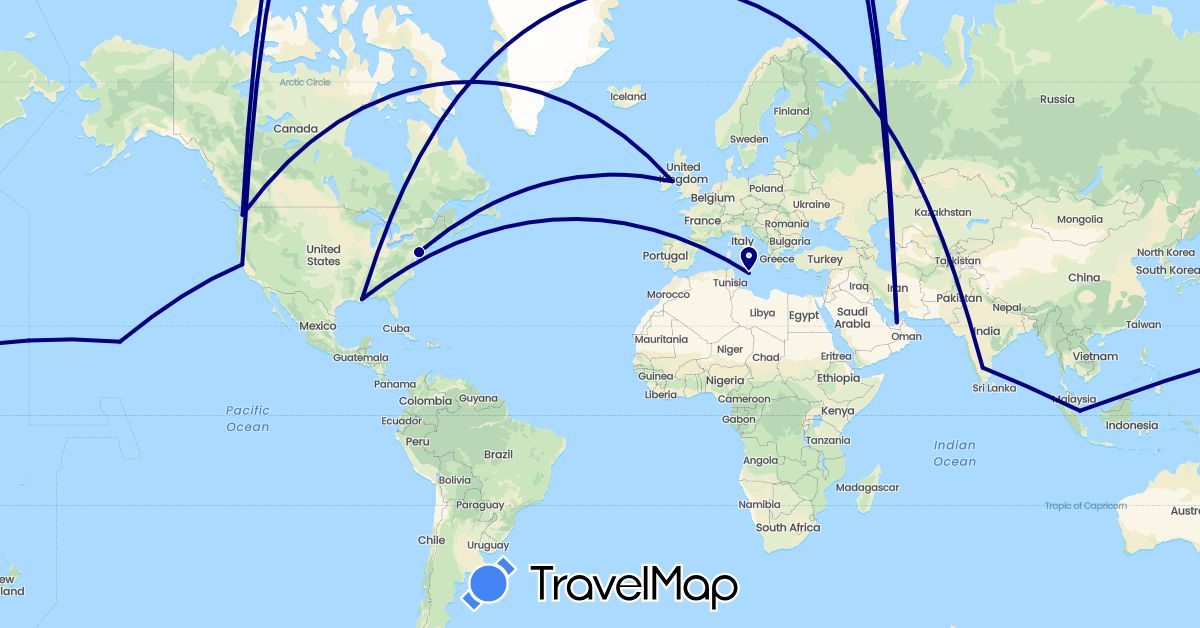 TravelMap itinerary: driving in United Arab Emirates, Ireland, India, Malta, Singapore, United States (Asia, Europe, North America)